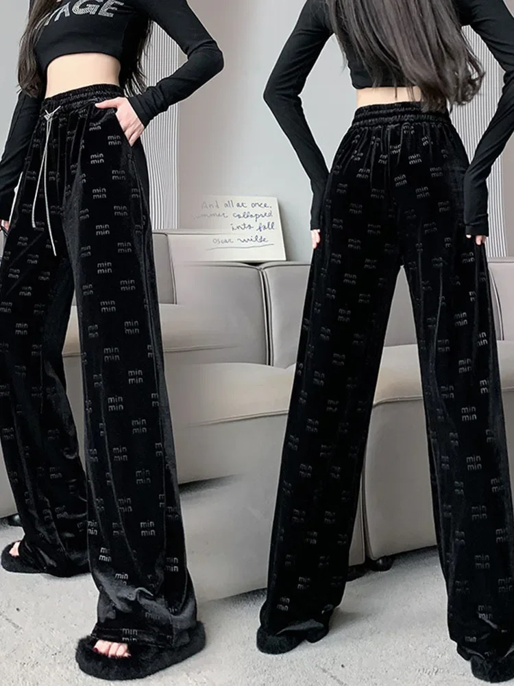 Velour High Waisted Pants Woman Print Wide Leg Belted Comfortable Elastic Waist Black Autumn Winter 2024 Fashion Clothing 241212