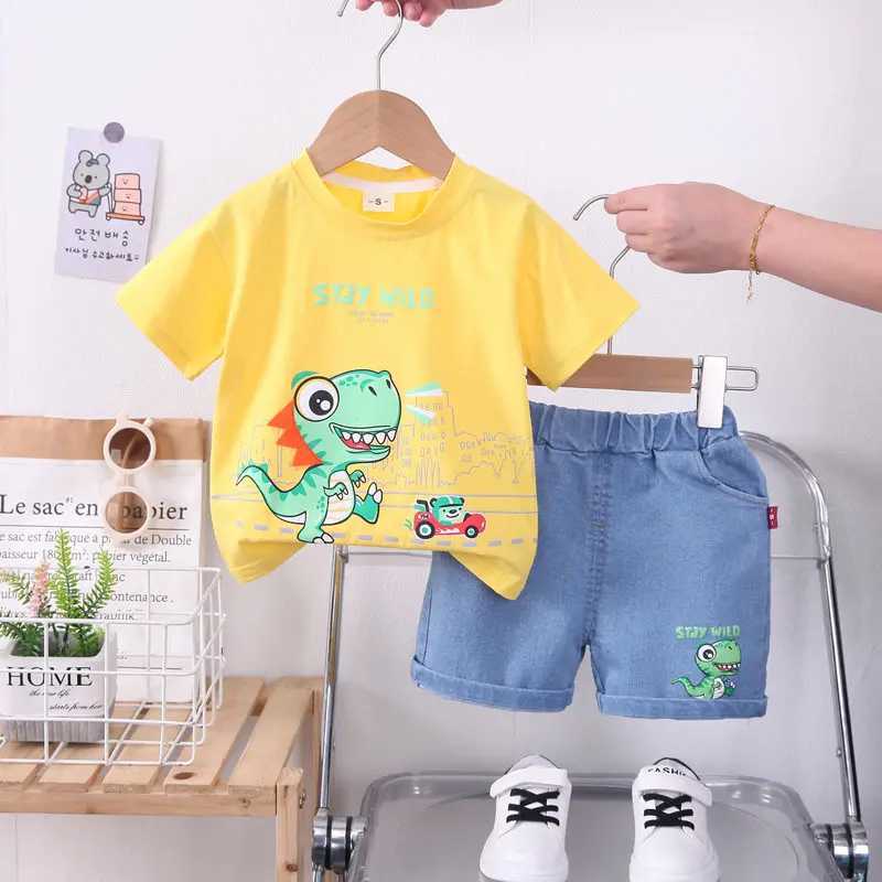Clothing Sets New Kids Cartoon Car Outfit Dinosaur T-shirt Shorts 2Pcs/Set New Fashion Baby Boys Girl Clothing Children Tracksuits 0-5 Years H241214