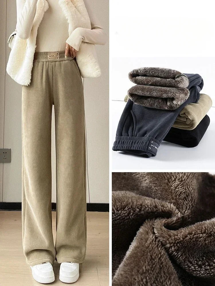 Korean Winter Wide Leg Pants Womens Autumn Plush Pants Womens Super Thick Cashmere Warm Straight Pants Womens Slow Running Pants 241211
