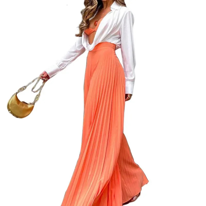 2024 Spring Autumn Womens Clothing Solid Color Fashion Elegant Pleated High Waist Long WideLeg Pants Temperament And 241212