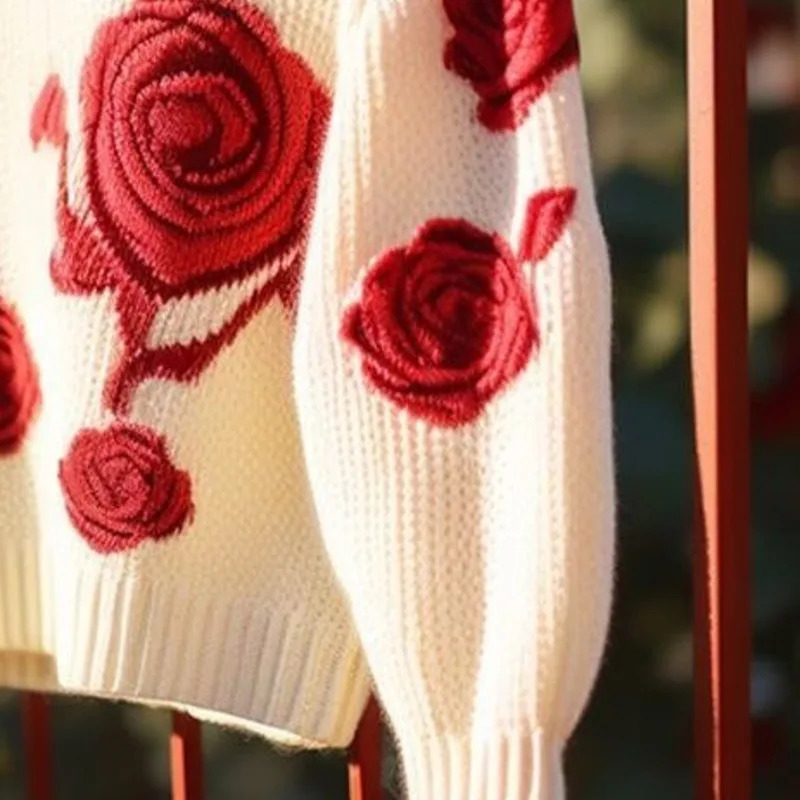 OMCHION Abrigo Mujer 2024 Knitted Winter Top Red Rose Sweater Womens Loose Zipper 241211