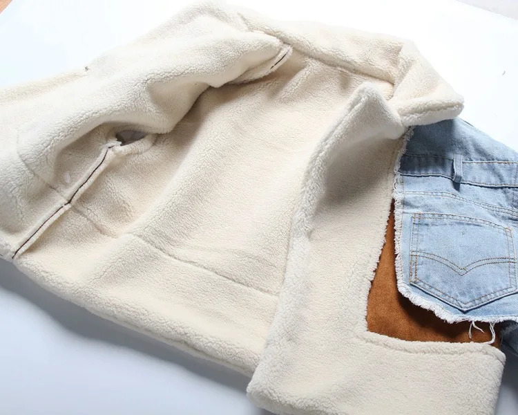 Womens paddle jacket denim spliced jacket winter cashmere lining thickened short bike jacket cotton jacket 241210