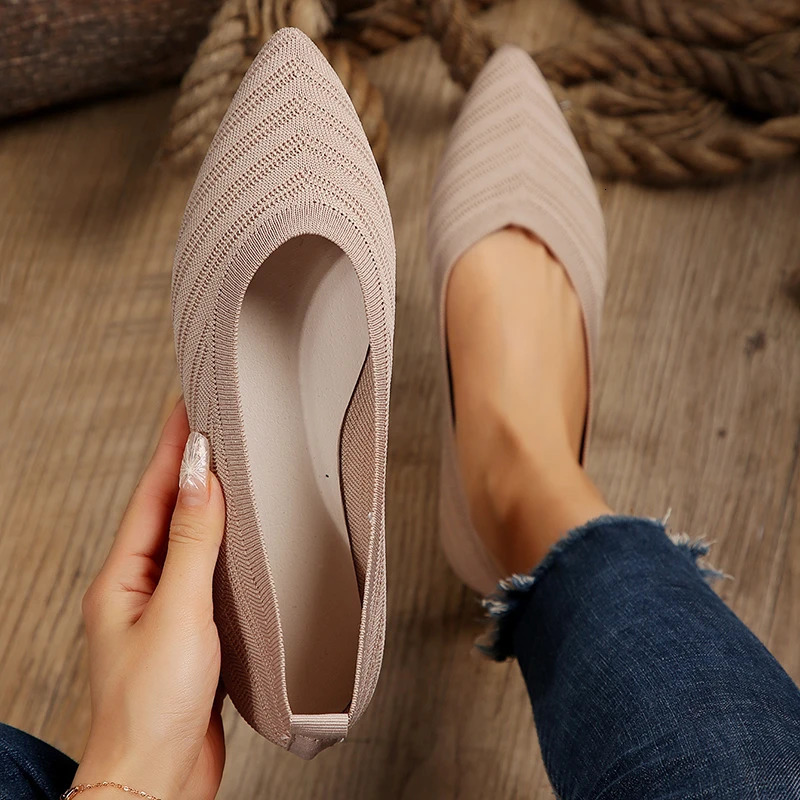 Pointed Toe Flat Shoes Womens Solid Color Knitted Slippers Casual Breathable Ballet Flat Shoes Womens Comfortable Womens Shoes 241213