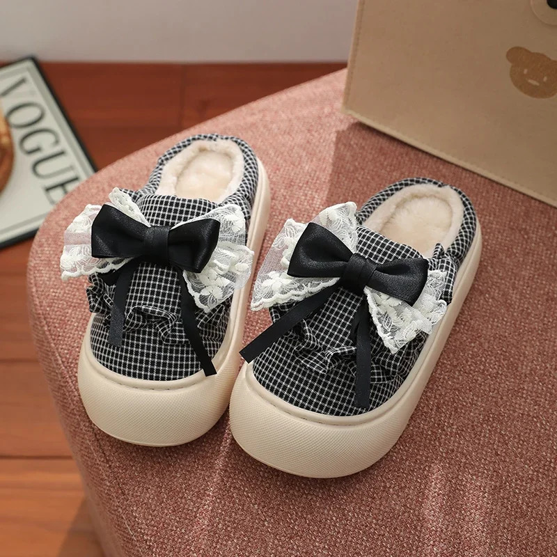 Women Thick Sole Butterflyknot Winter Slippers Ladies Casual Antislip Warm Cotton Shoes Female Outdoor Fashion Flat Footwear 241214