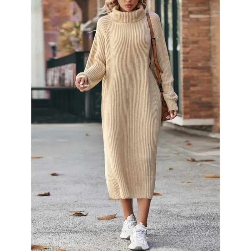 Women Solid Color Loose High Collar A Long Sweater 2023 Autumn Winter Dress Sleeve Knitted 241212