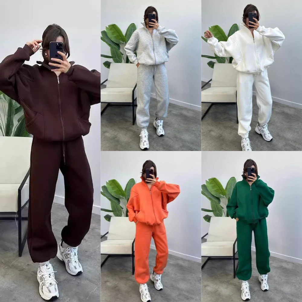 Women Fleece Suit Loose Long Sleeve Sweatshirt and High Waist Trousers 2 Pieces Set Female Winter Fashion Warm Tracksuit 241209