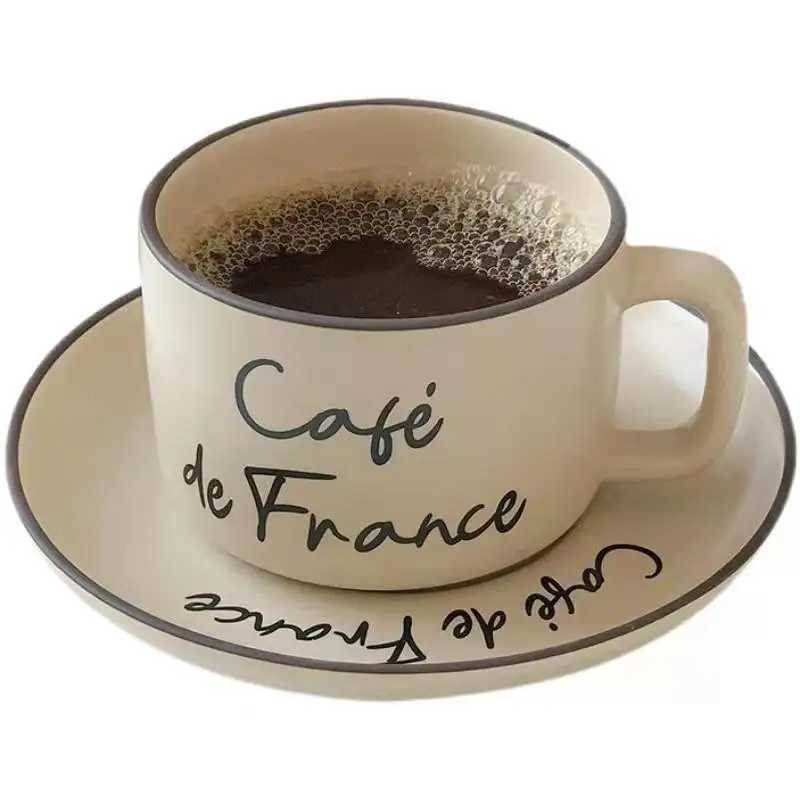 French letter ceramic cup with plate coffee afternoon tea milk retro beige Korean cup and cutlery set Y241214