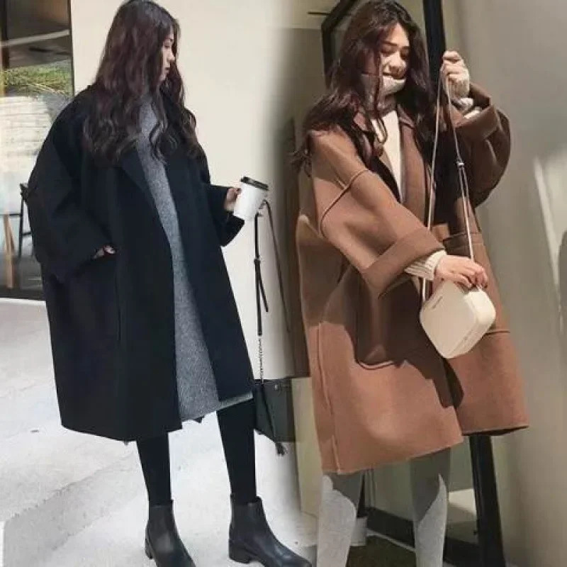 Plus Size Womens Mid-Length Autumn Winter Coat Korean Style Plus Size Loose Student Universal Cable Knit Woolen Jacket ... 241214