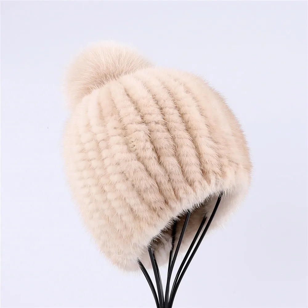 100% real mink fur hat women winter knitted beanie Russian Girls cap with fox fur pom poms thick female cap Elastic 241214