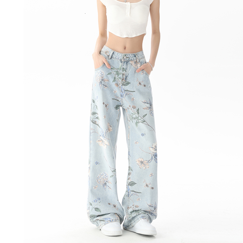 Vintage ral Print Waist High Street Blue Straight Jeans Pants Korean Fashion Women's Wide Leg Baggy Denim Trouser Y2K