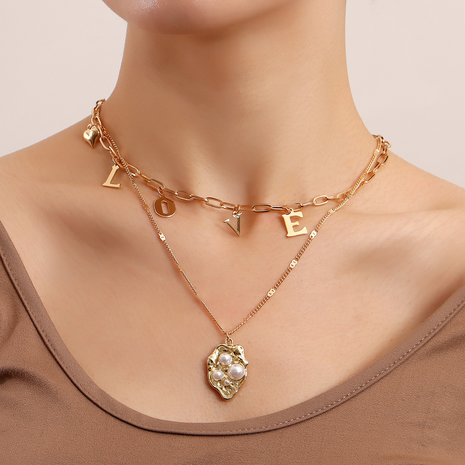 Minimalist LOVE Letter Layered Necklace with Pearl Pendant - European Metal Style Jewelry 2025 New In Stainless Steel Gold Plated Pearl Leaf Pendant Y