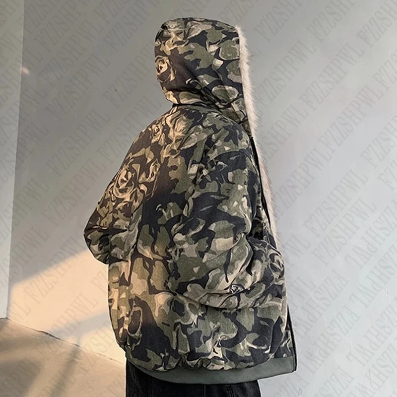 Fashionable mens camouflage cotton padded coat hooded zipper loose thick warm quilted jacket winter Y2K zipper hooded sweater 241214
