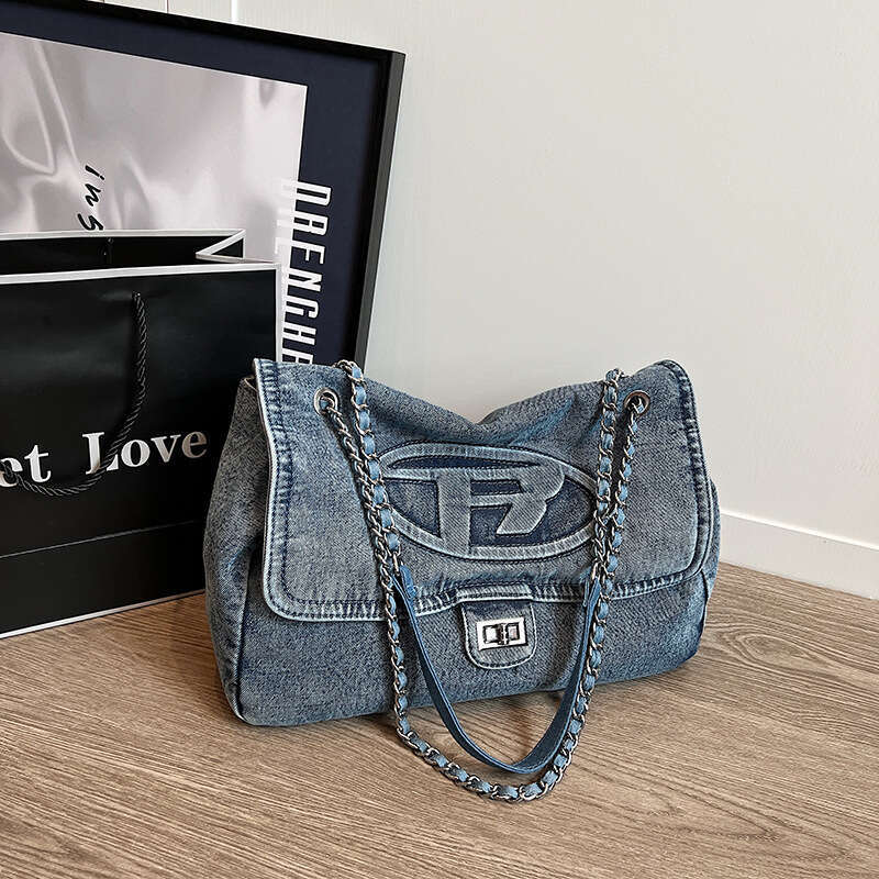 French style large capacity commuting bag for women, popular denim chain tote versatile single shoulder crossbody airport bag, 2024 new casual fashion
