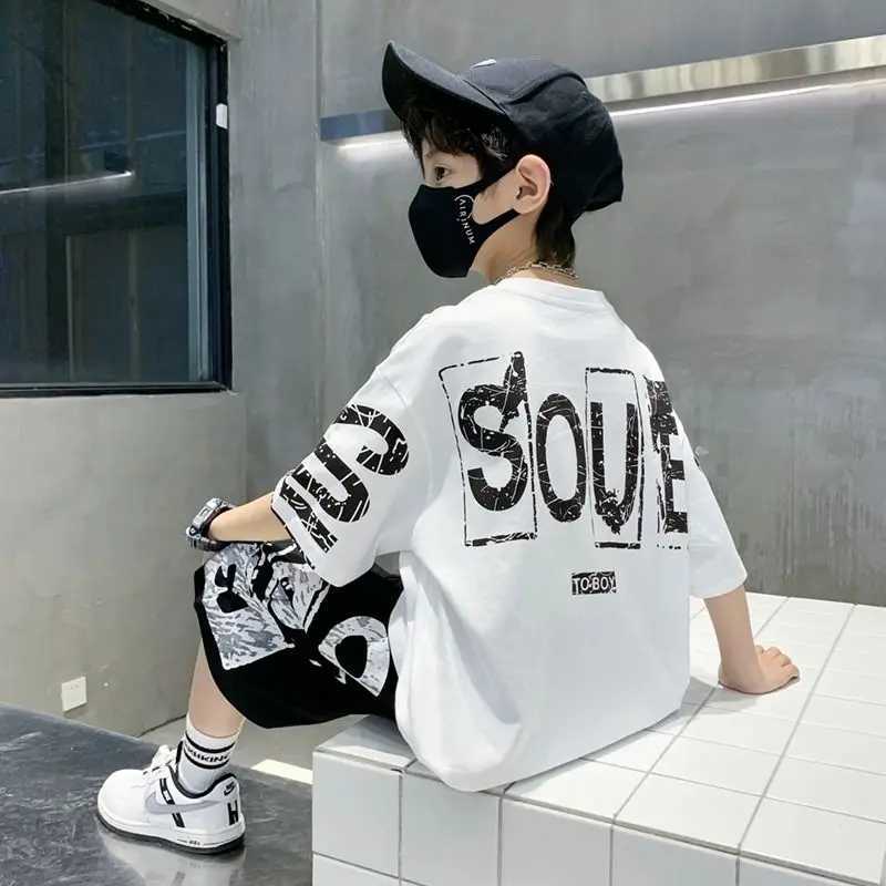 Clothing Sets Boys Summer Trendy Casual Sports 2pcs T-shirts+Pants Suits 3-14 Years Teenage Boys Hip Hop Style Fashion Outfits Clothes Sets H241214
