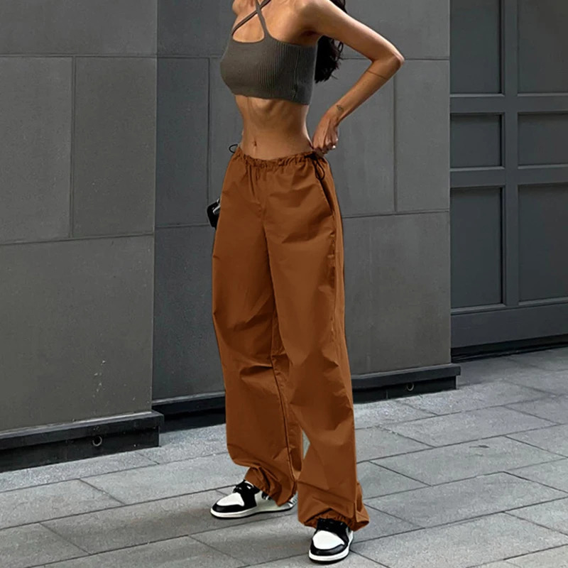 Y2k commodity womens drawstring pants low waist sports retro loose long legs mens oversized parachute jogging 241212