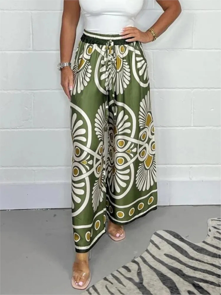Bohemian womens long pants with elastic waist adjustable tie wide legs 2024 spring casual mens satin retro floral print 241212