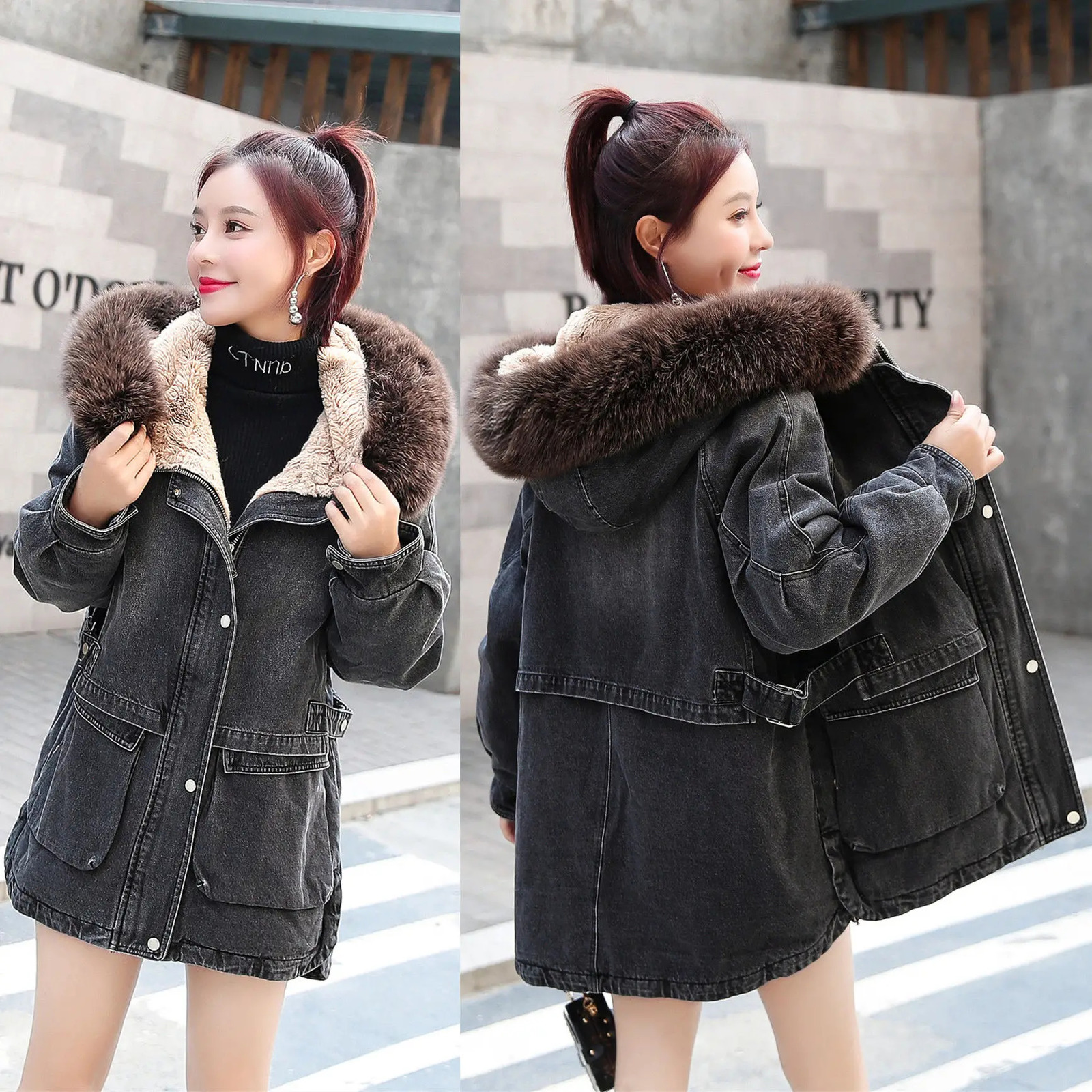Winter Sheepskin Loose Womens Denim Coat Thick Hooded Big Fur Collar Coat Retro Plus Velvet Denim Cotton Mat Jacket 241210
