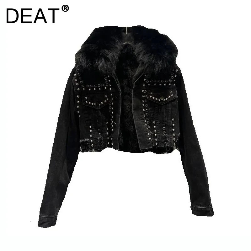 DEAT Womens Denim Jacket Embroidered Sparkling Hole Black Thick Faux Fur Short Womens Coat 2025 Spring 11A01605 241210