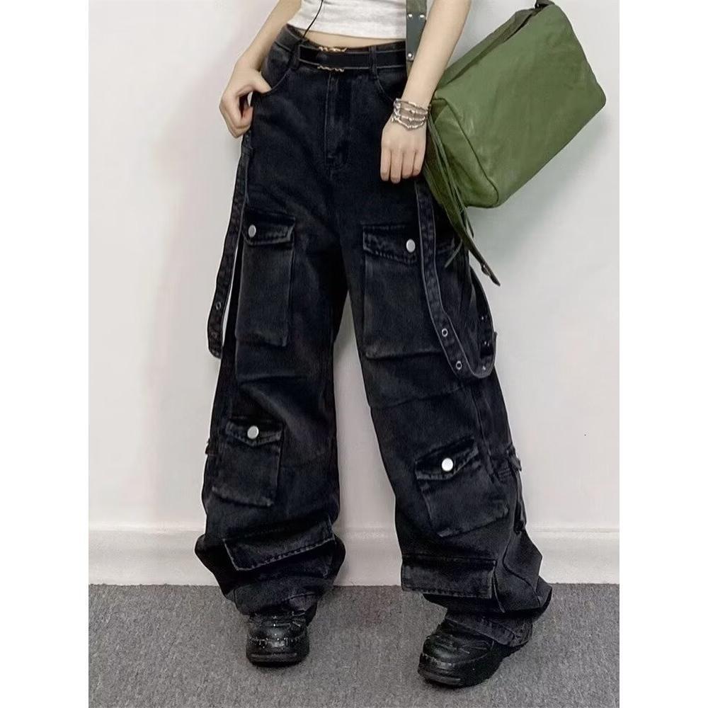 Spring Autumn American Hip Hop Personalized Washed Jeans for Men and Women Loose Multi Pocket Work Wear Casual Pants y2k