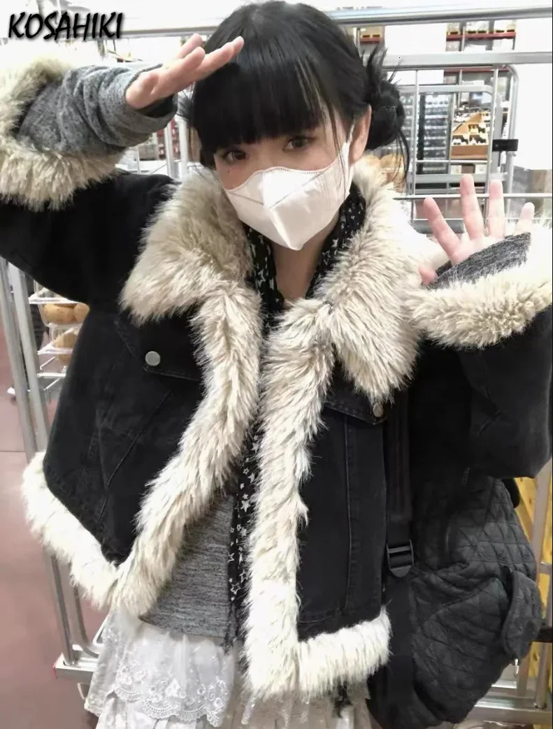 Y2k Aesthetics Black Denim Jacket Grunge Fairycore Jeans Fur Jacket 2000s Harajuku Winter Coat Patch Work Retro Korean Coat 241210