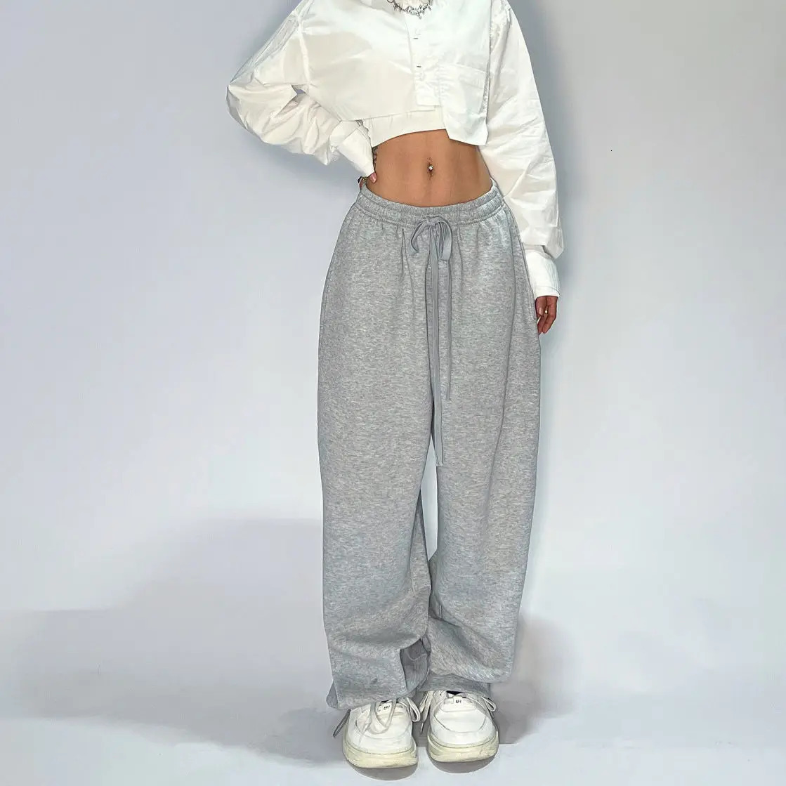 Y2K gray jogging pants for women hippie streetwear oversized sports loose straight wide legs Trouser Korean style 241212