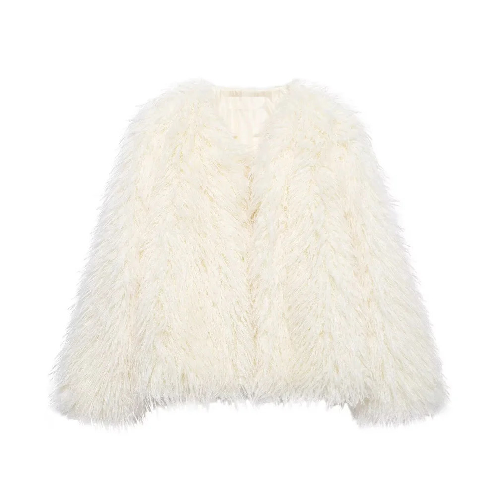 RARF loose faux fur effect round neck long sleeved short jacket for womens autumn and winter style 241211