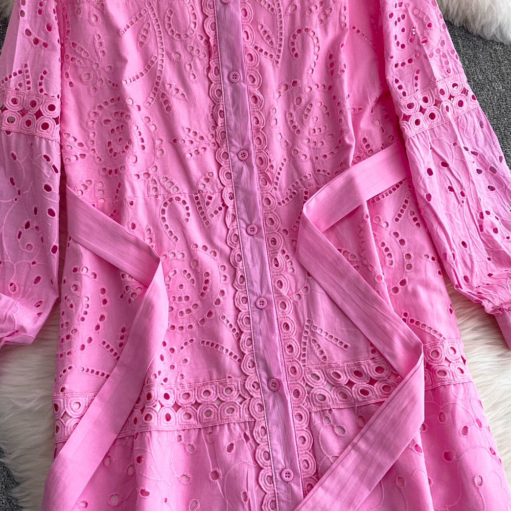 Casual Dresses 2025 Spring Holiday Beach Hollow Out Cotton Dress Women's Long Sleeve Lapel Embroidery Flower Belt Lace Up Party Long Vestidos