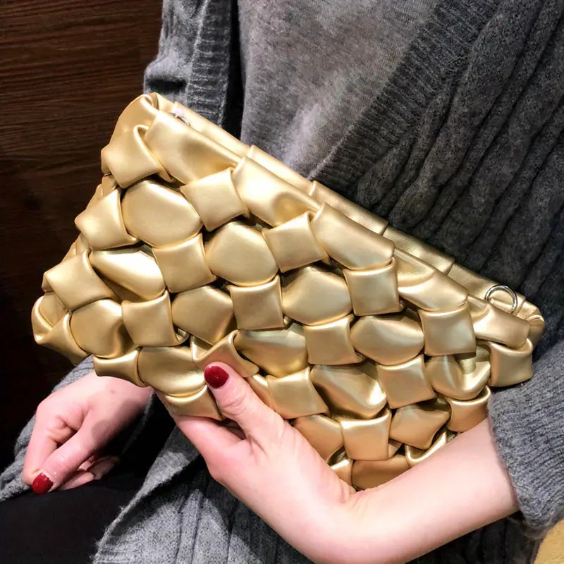 Ladies' Woven PU Soft Leather Handbag, Fashionable Shoulder Crossbody Bag, Envelope, Clutch Bag