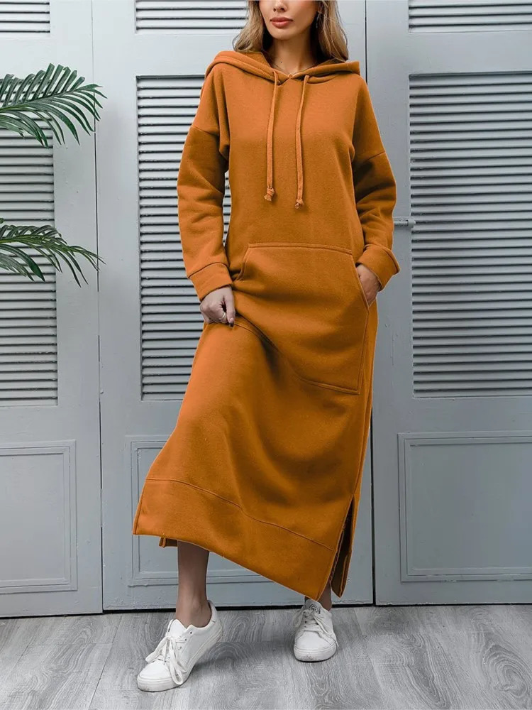 Autumn and Winter Womens Loose Large Knitted Hoodie Long Leather Velvet Casual Fashion Dress Pocket Skirt 241212