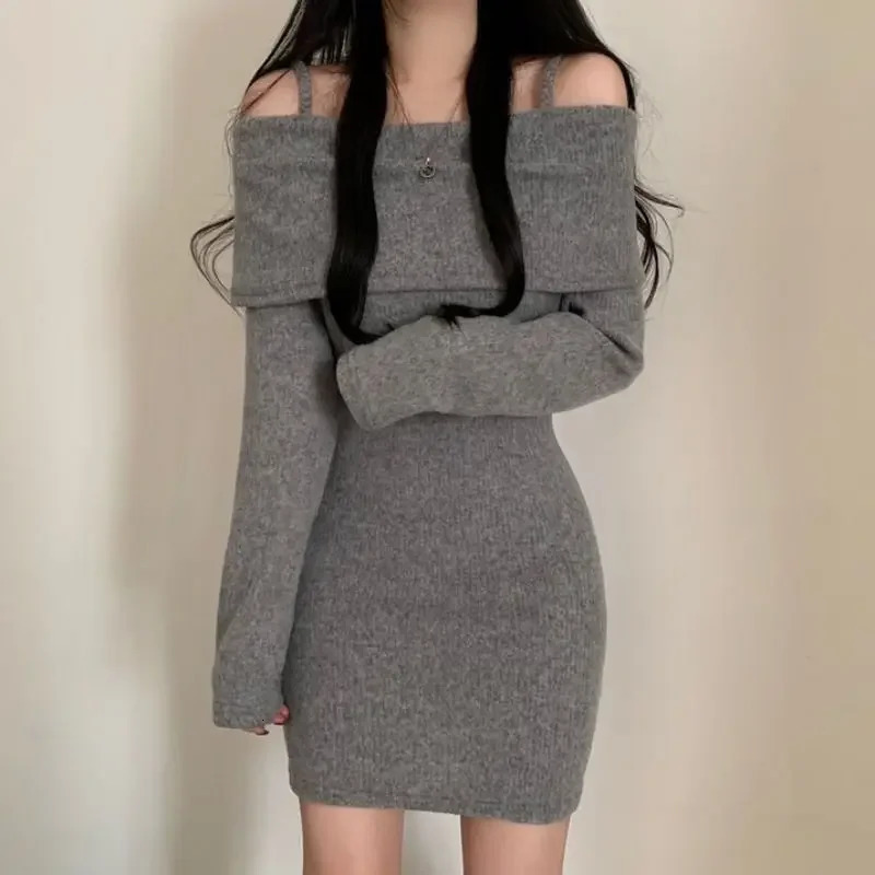 ChicAutumnWinter Petiteslims Mini Dress Shoulder Tank Top Collar Weight Loss Smooth Silhouette Rib Knitted 241212
