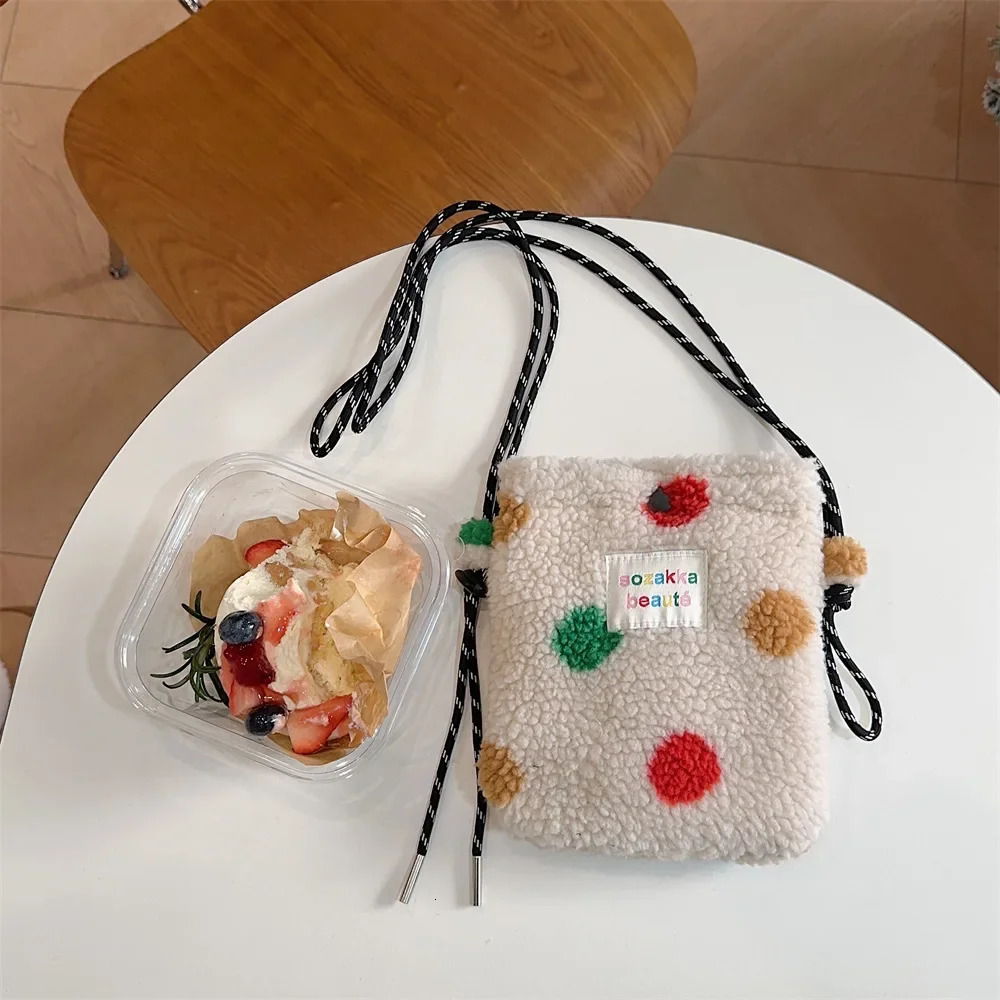 plush polka dot cross shaped bag suitable for women cute pink single shoulder cross shaped bag womens shopping bag portable phone bag 241213