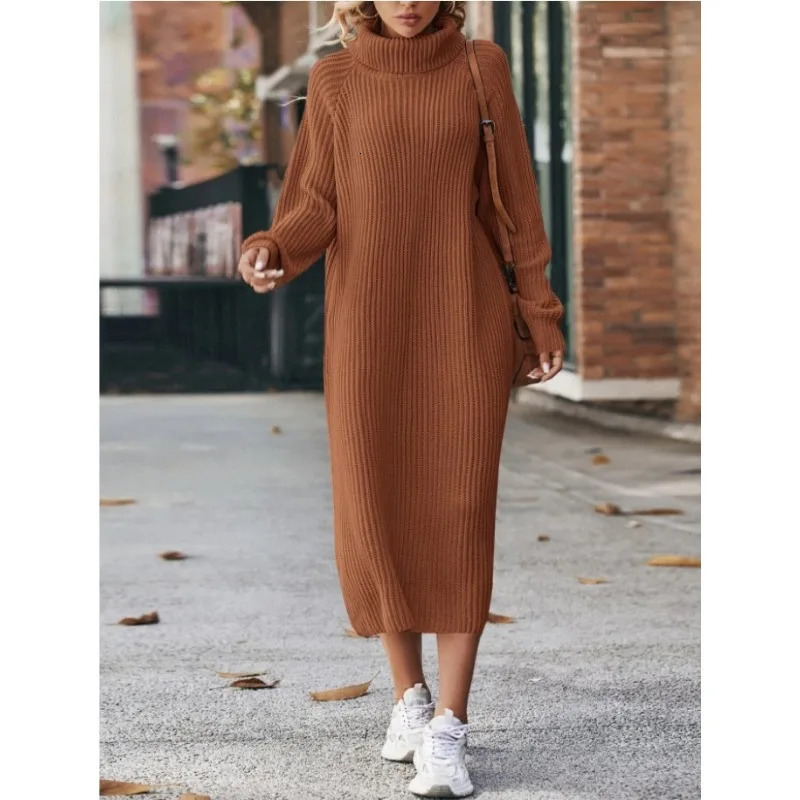 Women Solid Color Loose High Collar A Long Sweater 2023 Autumn Winter Dress Sleeve Knitted 241212
