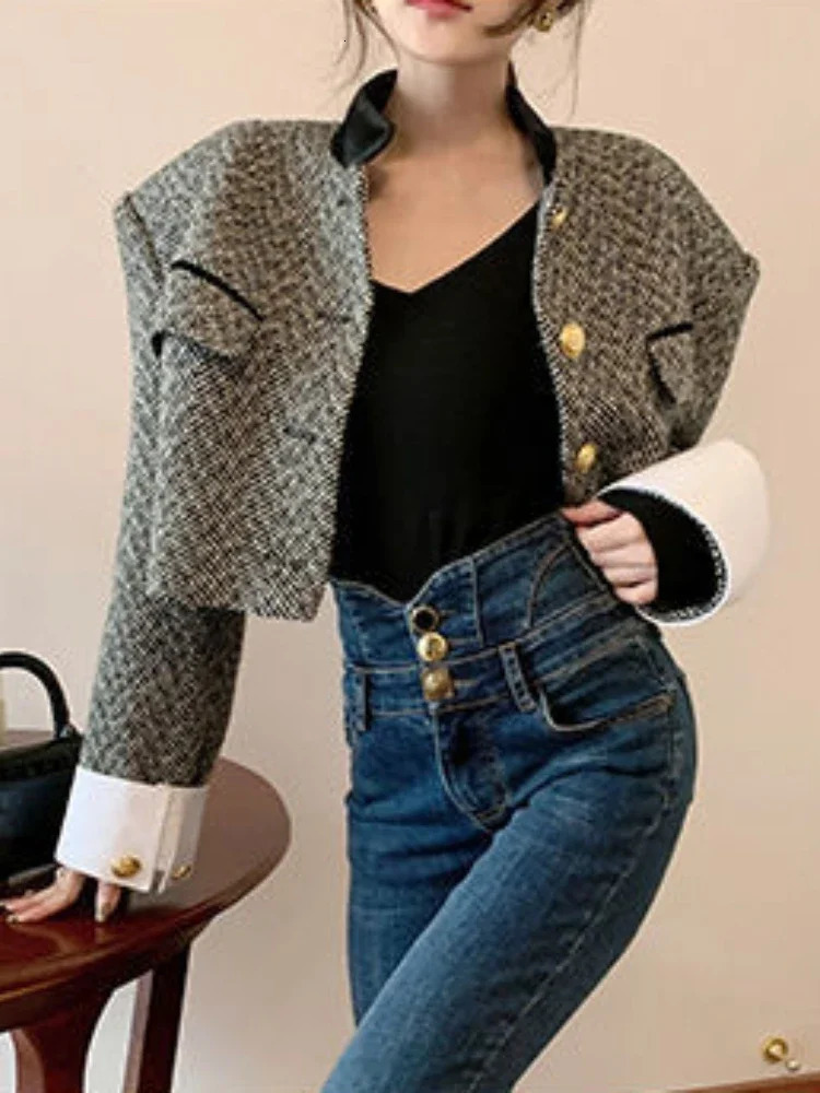 Womens Fashion Korean Chic Retro Coarse Felt Jacket Womens Spring Contrast Cut Jacket Elegant Office Womens Jacket 241214