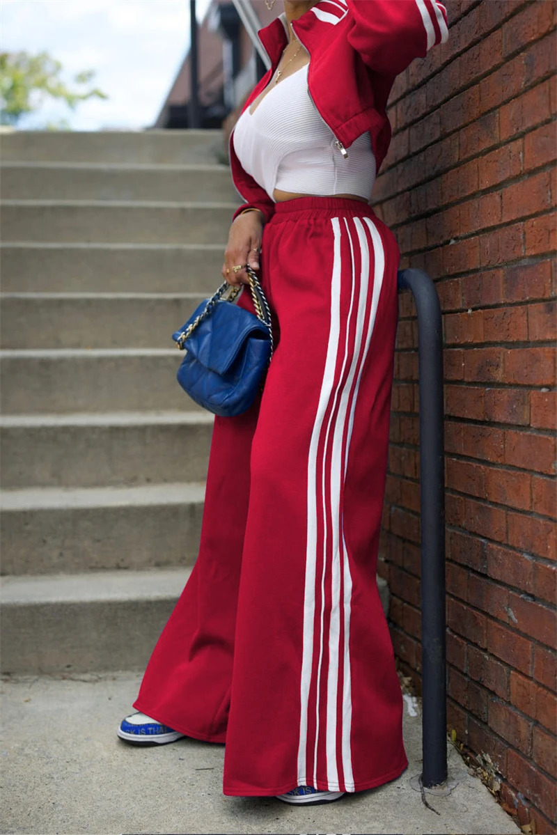 2 Piece Sets Women Outfit Fall Clothes Side Striped Zip Top Wide Leg Pant Casual Tracksuits Set Sweat Suit 241209