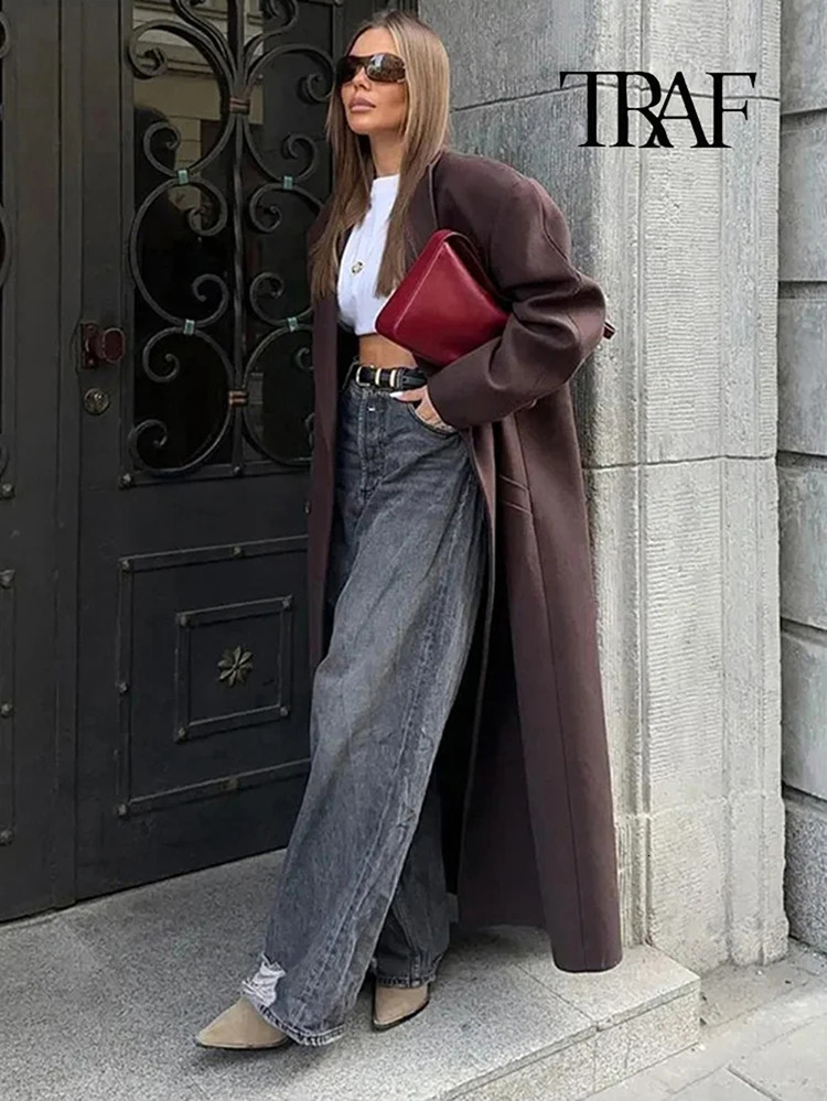 TRAF Women Fashion Double Breasted Lapel Wool Coat Elegant Long Sleeve Casual Pocket Autumn and Winter Warm Street 241210