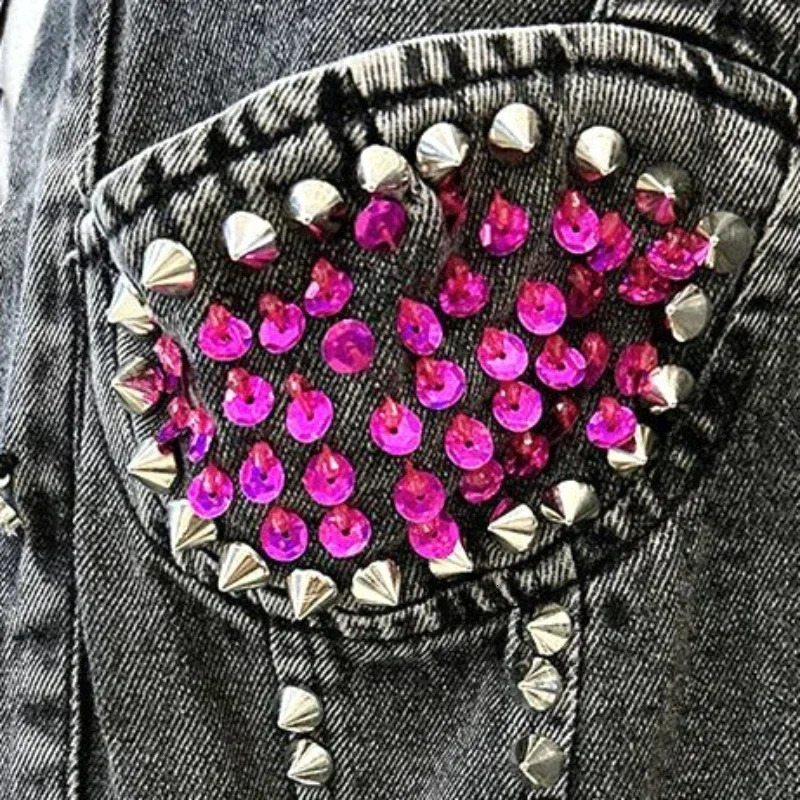 Short crop gray inlaid with stones spring autumn rhinestone bicycle womens jeans jacket small womens denim jacket diamond trading 241209