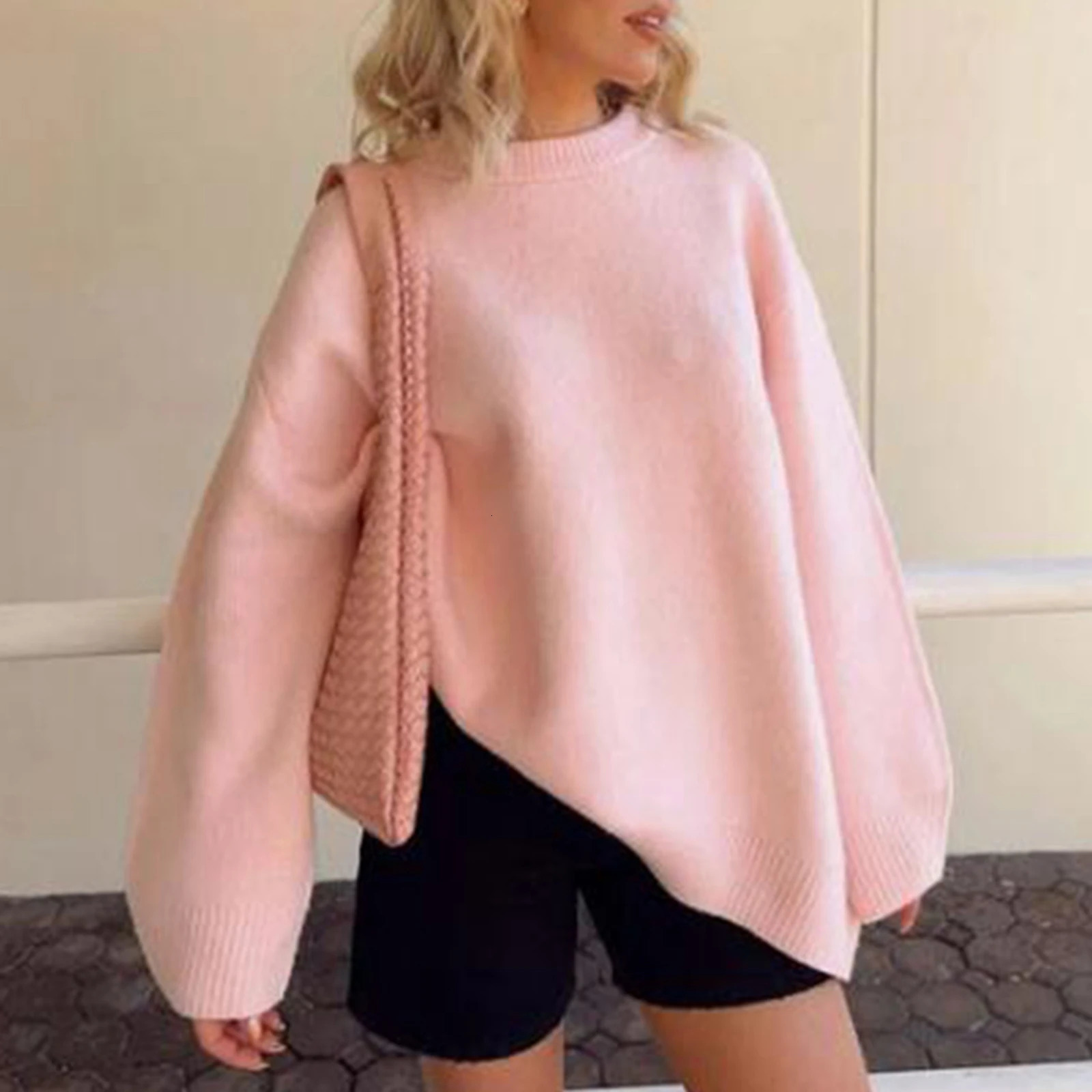 Hirigin Womens Y2K Large Prefabricated Sweater Long Sleeve Staff Collar Solid Color Loose Folded Strap Knitted Jumper Top 241211