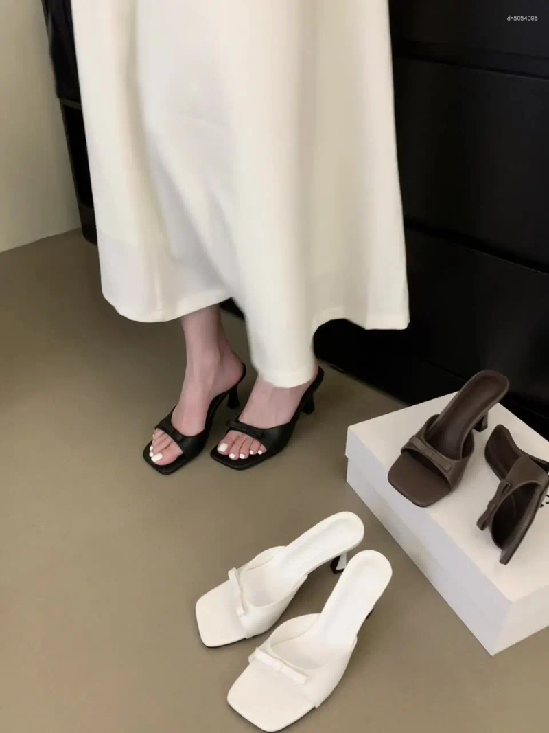 Women's Square Toe Heeled Mules - hot Summer Slippers, Thin Heel, Casual, Rubber Slides, Comfortable