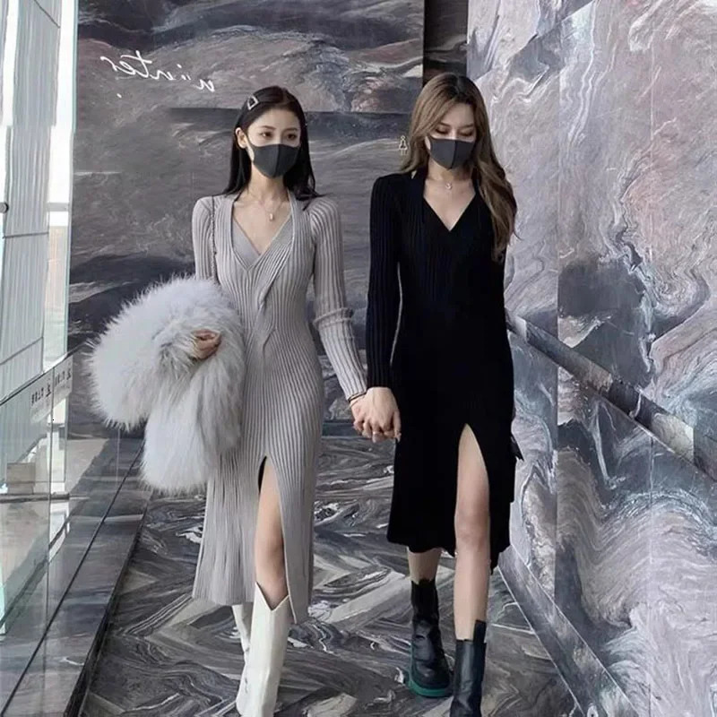 Fanan sexy camisole side split knit dress large deep Vneck high waist bandage shoulder streetwear ultrathin vest 241212