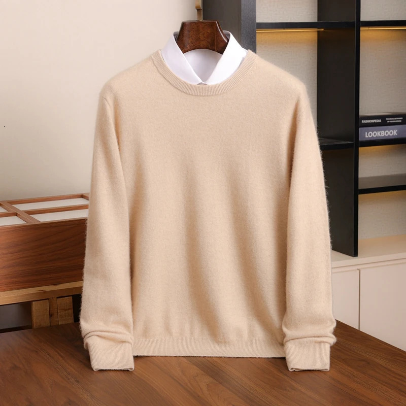 ZYCZCXX LongSleeved Pullover Mens 100% Merino Wool Oneck Sweater Autumn and Winter Basic Solid Color Knit Top Clothes 241209