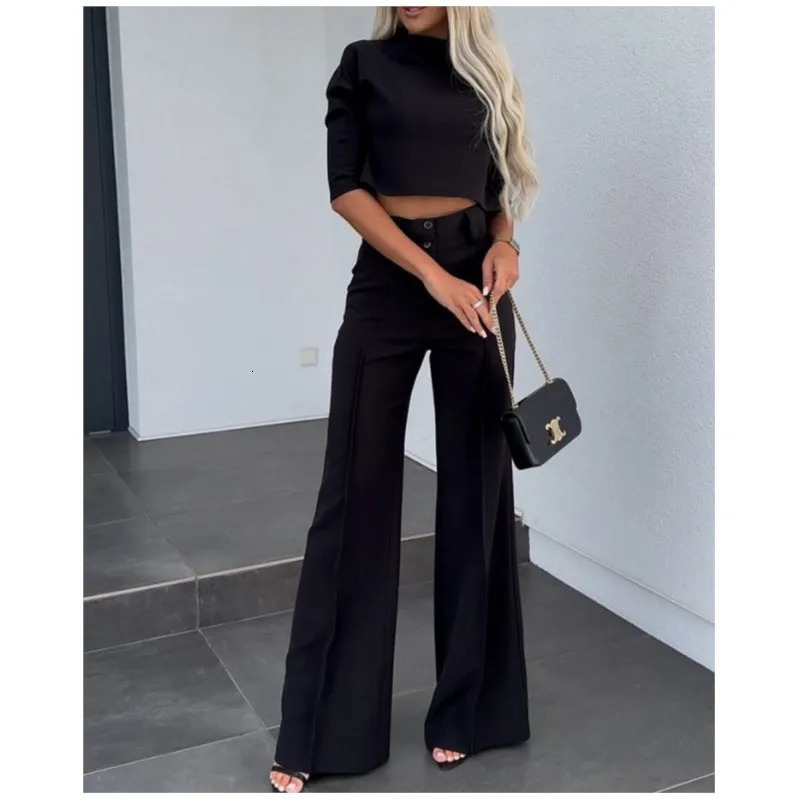 Summer Autumn Elegant Womens Temperament Top Round Neck Seven Quarter Sleeve Head Solid Color Top Wide Leg Pants Two-piece Set 241214