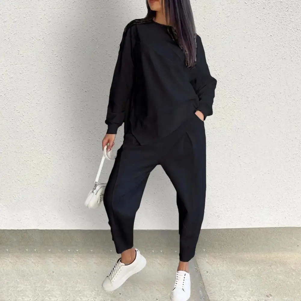Loose Trousers Set Women Casual Two-piece Set Elegant Womens Top Pants Set with Long Sleeves O Neck Irregular T-shirt for Fall 241214