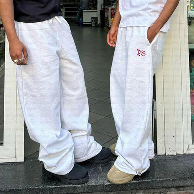Trendy Trouser Embroidered Loose Straight Pants Mens Y2K High Street Wide led Sport Couple 241212