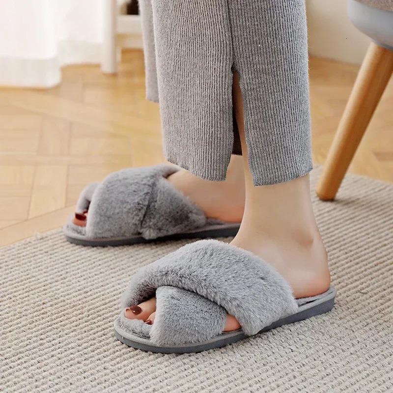 Winter Women House Slippers Faux Fur Fashion Warm Shoes Woman Slip on Flats Female Slides Black Pink cozy home furry slippers 241214