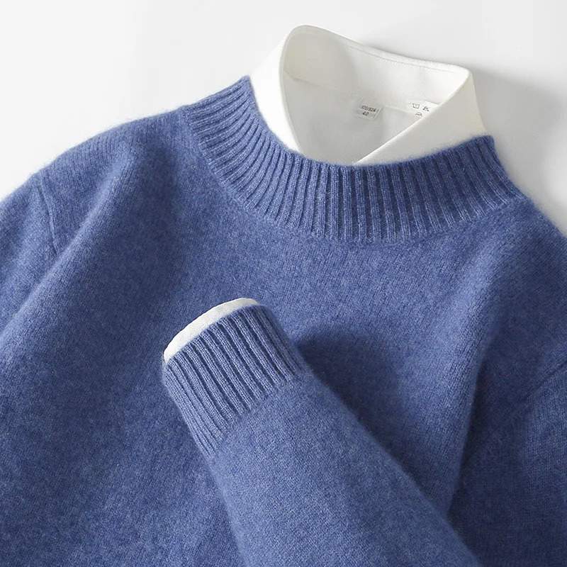 WOTEEWS 100% pure wool mens semi high neck sweater loose knit business casual long sleeved pullover product 241209
