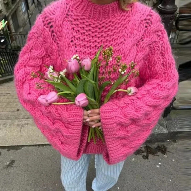 Deeptown vintage knitted sweater for women elegant and casual oversized floral long sleeved solid autumn womens twisted loose 241211