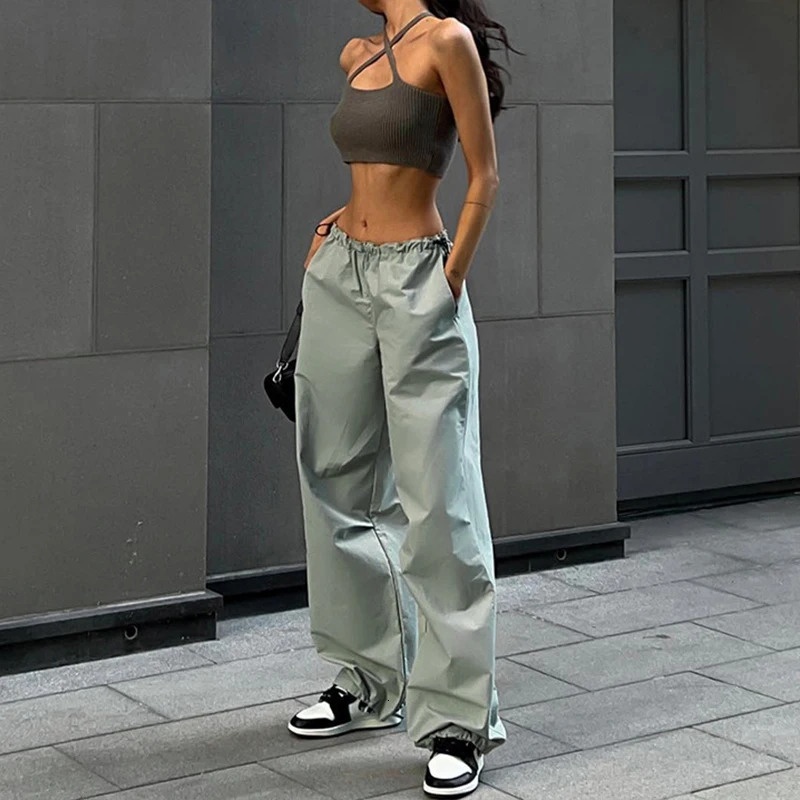 Y2k commodity womens drawstring pants low waist sports retro loose long legs mens oversized parachute jogging 241212