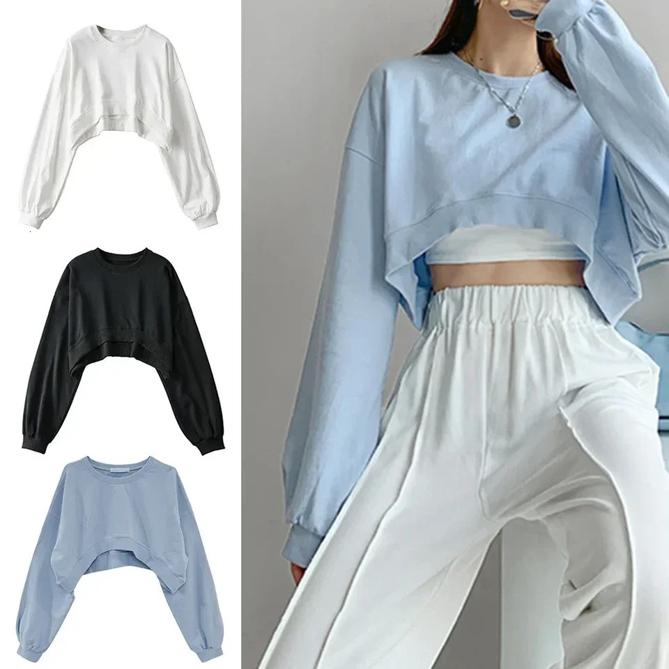 Sweatshirt Cropped Crop Top Pullover Tops Causal Hoodies Korean Long Sleeve Loose Round Neck Womens Daily Fashion 241214