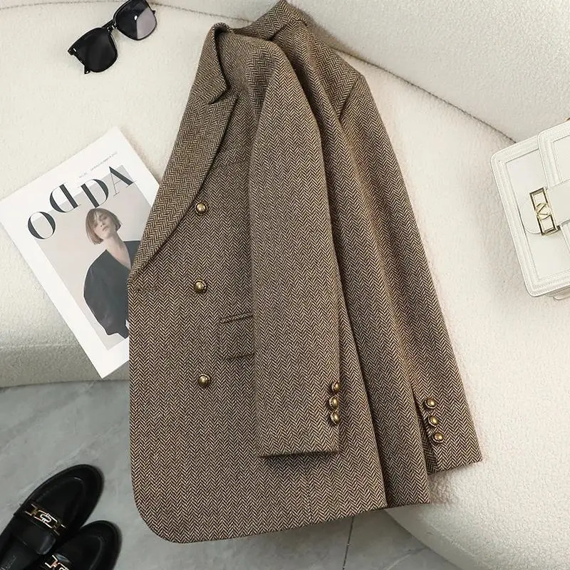 Autumn Winter Blazer Coats Womens Woolen Jackets Long Sleeve Notched Vintage Thick Outerwears Elegant Female Clothes 241209