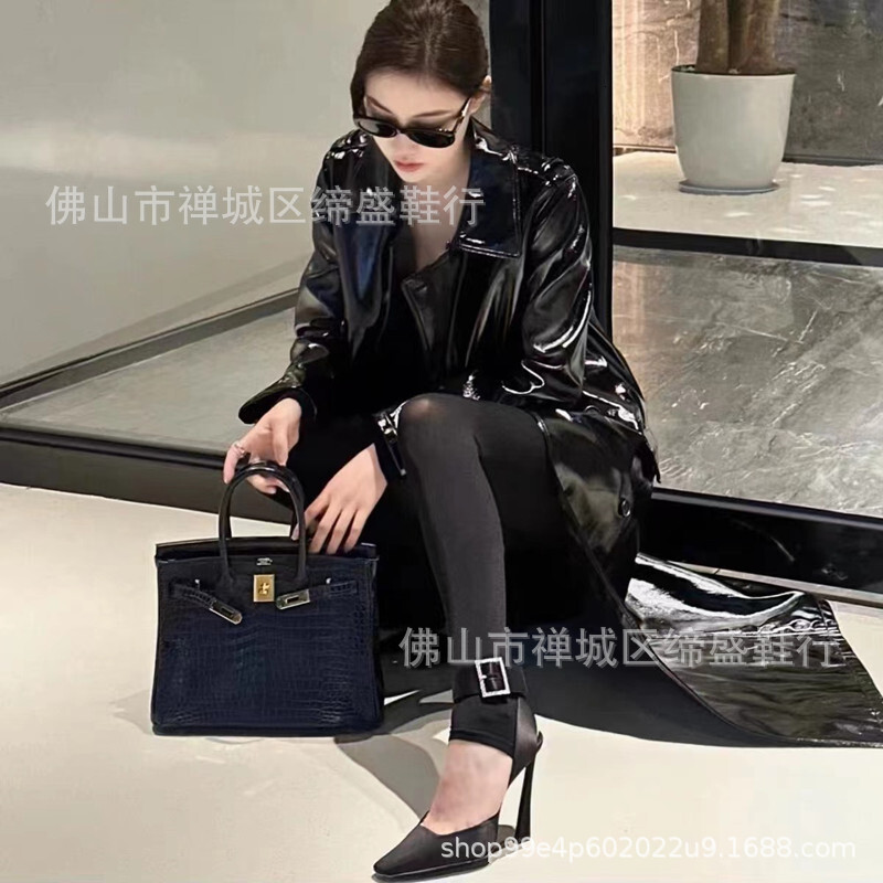 Spring Summer New Slim Toe Water Diamond Buckle Sandals For Women, With Satin Straps An Empty Square Toe, Shallow Mouth, And Elegant High Heels